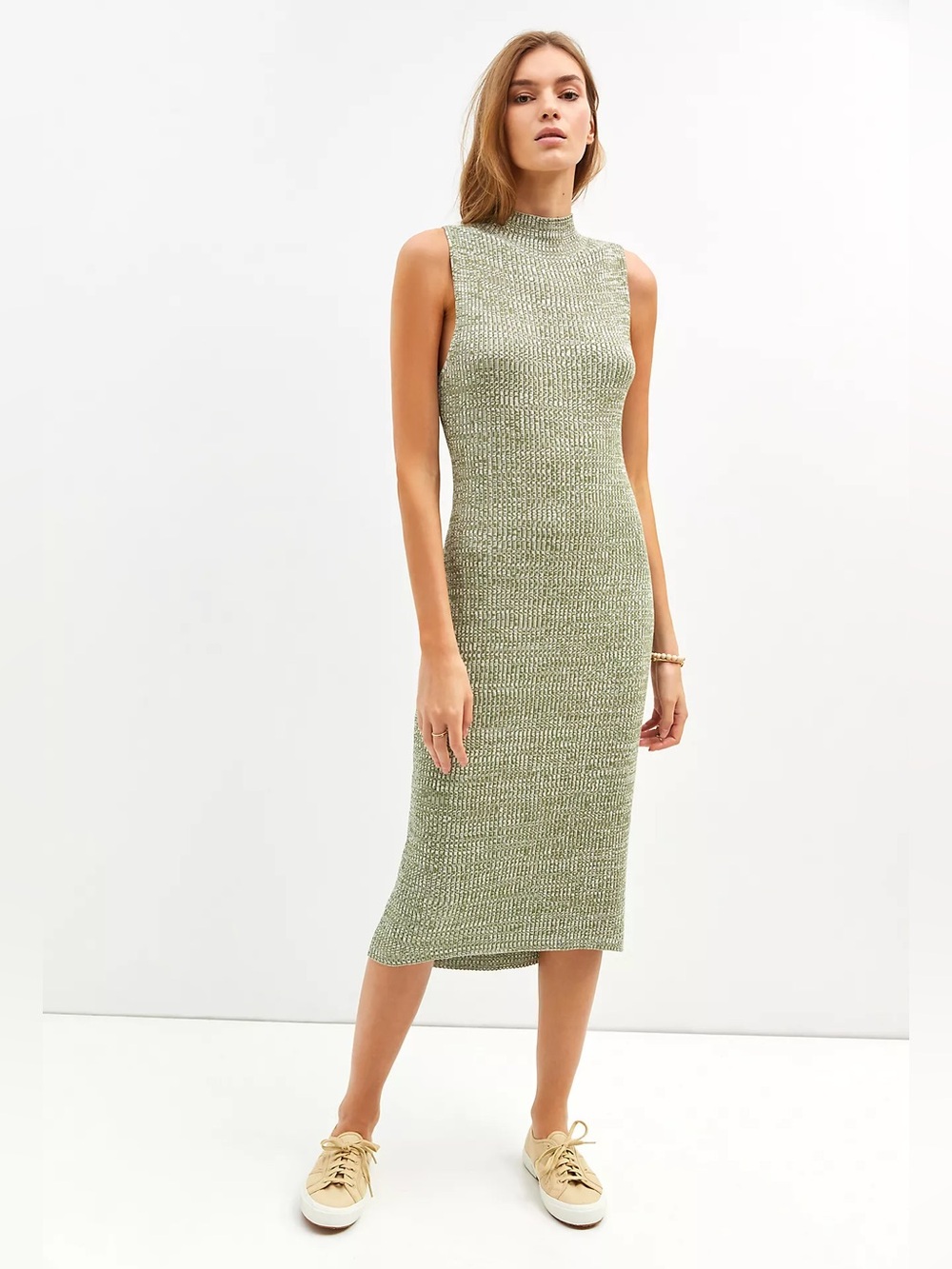 Daily Practice Anthropologie Marled Green White Mock Neck Knit Midi Dress L